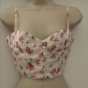 Zara Cream Floral Button-Front Cropped Bustier Top